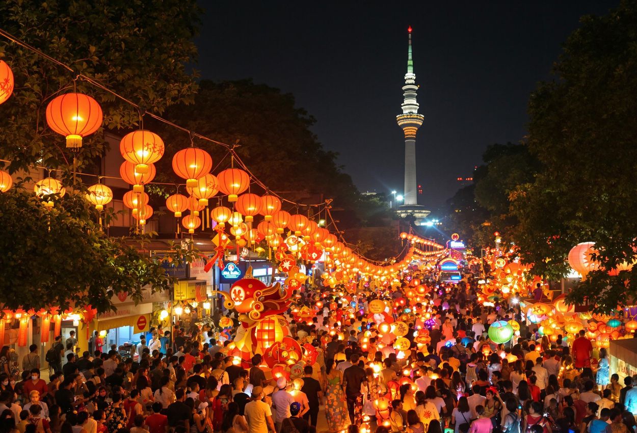 A captivating photograph capturing the energy and beauty of a lantern parade in Ho Chi Minh City during the Tet festival. The image showcases the intricate details of the lanterns and the festive atmosphere.
