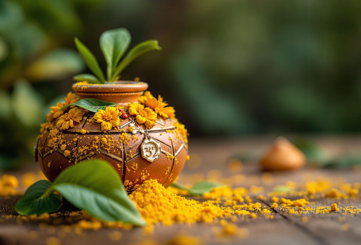 A detailed macro photograph capturing a Pongal pot adorned with turmeric, mango leaves, and kumkum, celebrating the Surya Pongal festival.