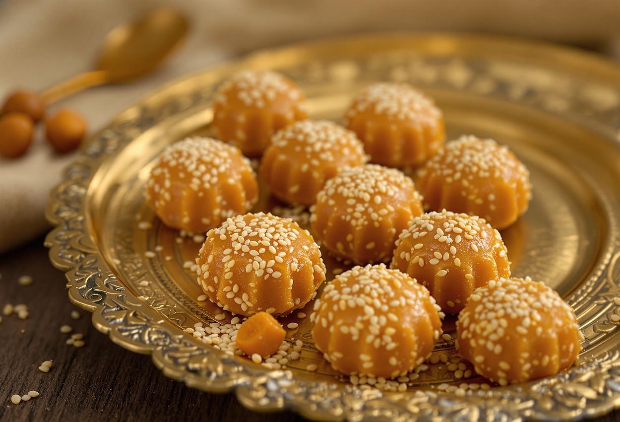 A detailed close-up shows golden-brown Tilgul ladoos arranged on a vintage brass plate, highlighting the textures of sesame seeds and jaggery.