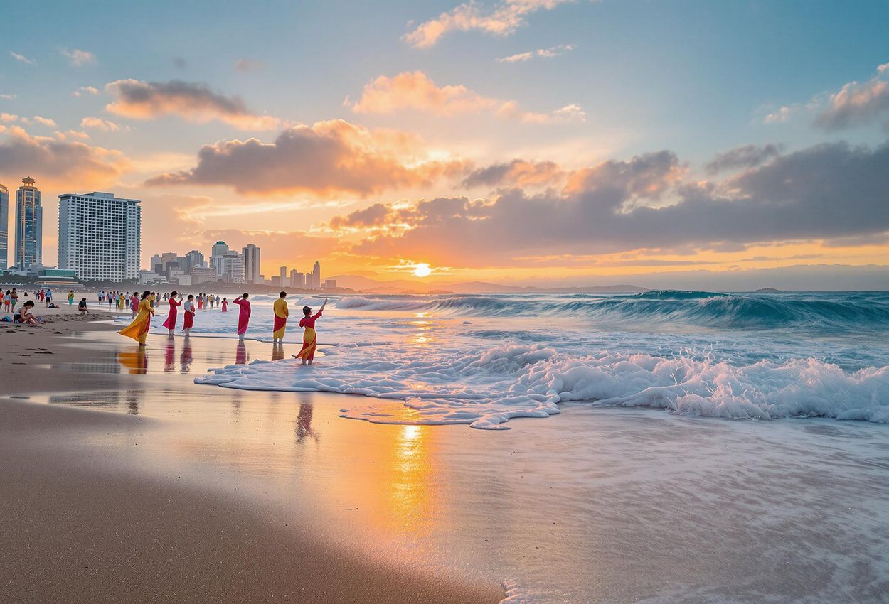 A serene photograph capturing the first sunrise of Seollal at Haeundae Beach in Busan, South Korea. Families in traditional Hanboks gather to celebrate the new year, creating a scene of cultural beauty and tranquility.