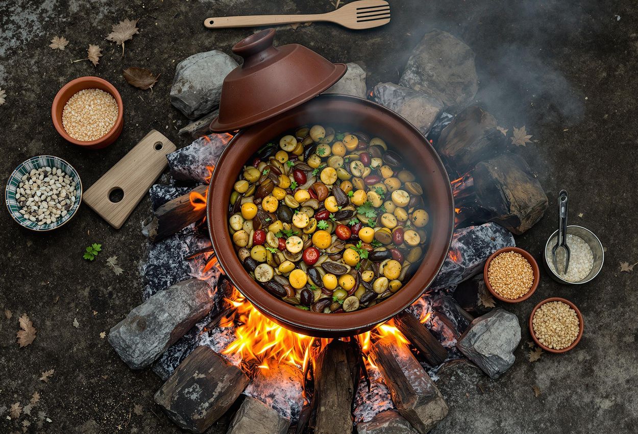 A top-down photograph captures the traditional preparation of Undhiyu, a signature Gujarati dish, cooked in an inverted clay pot over an open fire during Makar Sankranti in Gujarat, India.