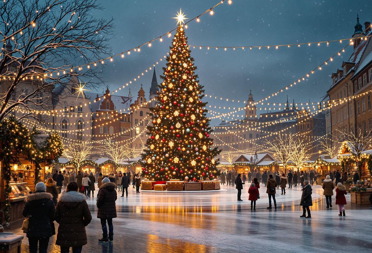 Vibrant Winter Festival in Historic European Town Square A captivating photograph of a lively winter festival in a European town square, showcasing festive lights, a decorated Christmas tree, and people enjoying the joyful atmosphere.