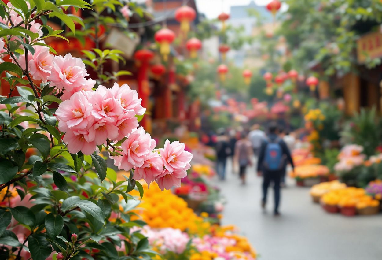 A photograph capturing the bustling flower market in Guangzhou, China, filled with colorful flowers, plants, and decorations in anticipation of the Lunar New Year.