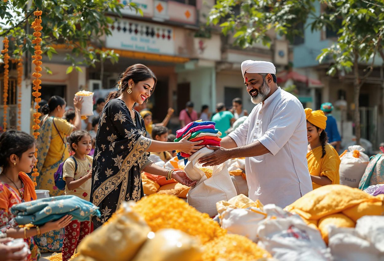 A candid photograph capturing the spirit of generosity during Makar Sankranti, featuring people donating clothes and food grains to the less fortunate in Bengaluru.