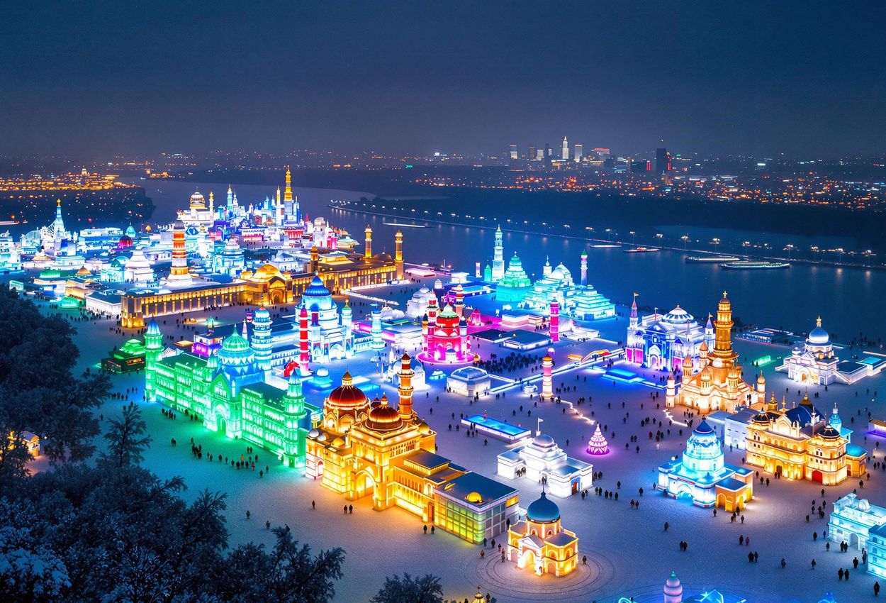 Aerial View of Harbin Ice and Snow Sculpture Festival at Night An aerial photograph captures the illuminated ice sculptures of the Harbin International Ice and Snow Sculpture Festival at night, with the city skyline in the background.