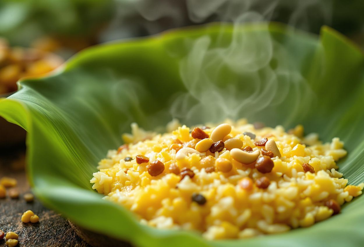 A close-up photograph of a traditional Pongal dish, showcasing its rich textures and vibrant ingredients served on a fresh banana leaf.