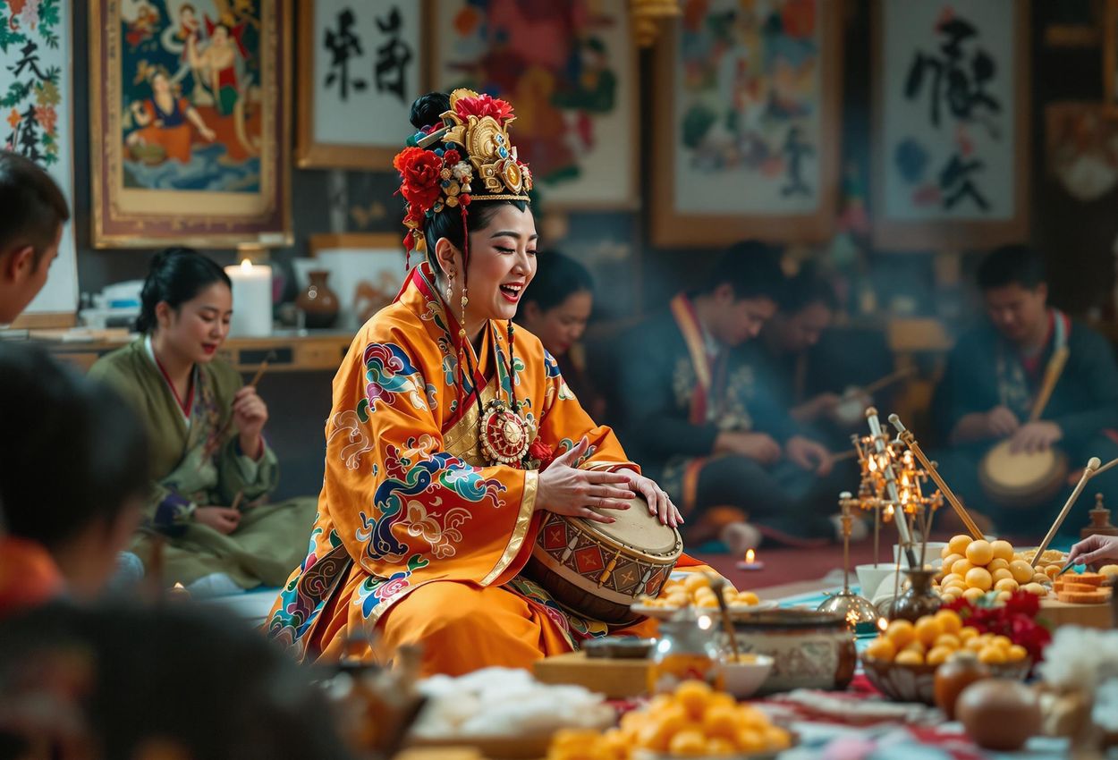 A captivating photograph capturing a shamanistic ritual on Jeju Island during Seollal, showcasing traditional music, dances, and offerings in a mystical indoor setting.
