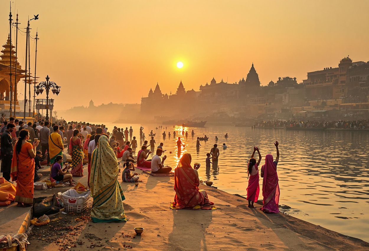A photograph capturing a serene Makar Sankranti scene in Varanasi, India, where devotees gather on the banks of the Ganges River to offer prayers to the rising Sun God, Surya.