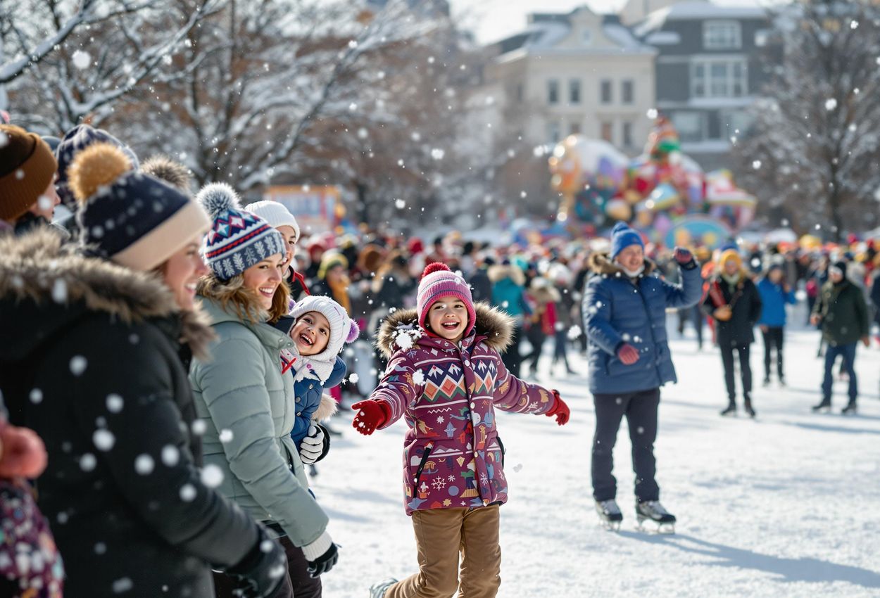 People Enjoying Quebec Winter Carnival Festivities A candid photograph capturing the energy and excitement of the Quebec Winter Carnival, with people ice skating, watching a parade, and enjoying the winter atmosphere.