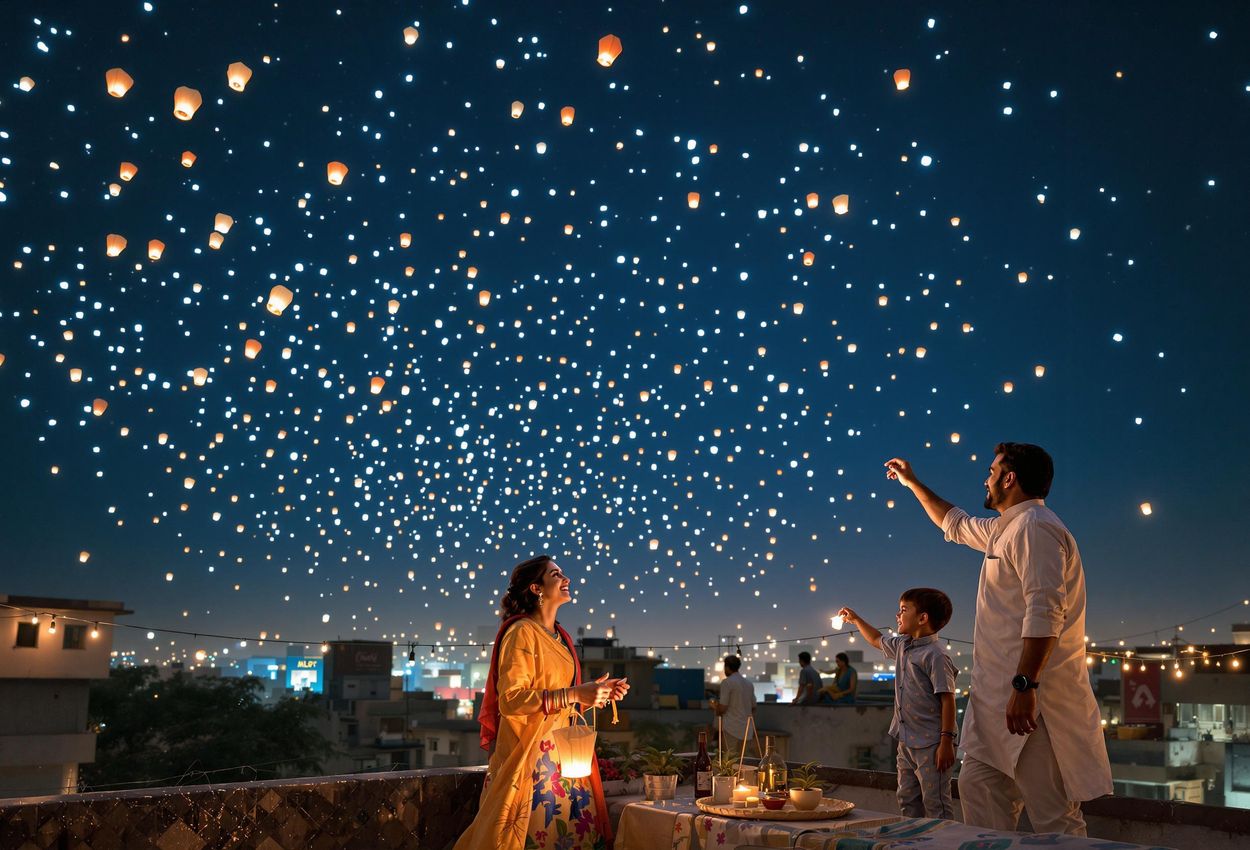 A captivating image of the Uttarayan festival in Ahmedabad, India, showcasing a night sky filled with bright kites and lanterns, with families celebrating on rooftops.