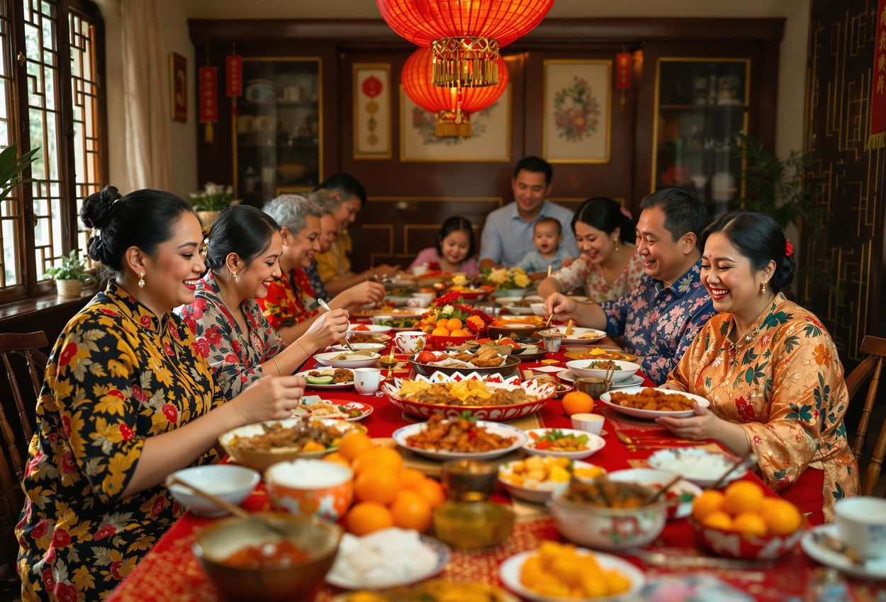 A photograph capturing a traditional Baba Nyonya family gathering in Malacca, Malaysia, during Lunar New Year, showcasing their unique cuisine, attire, and customs.