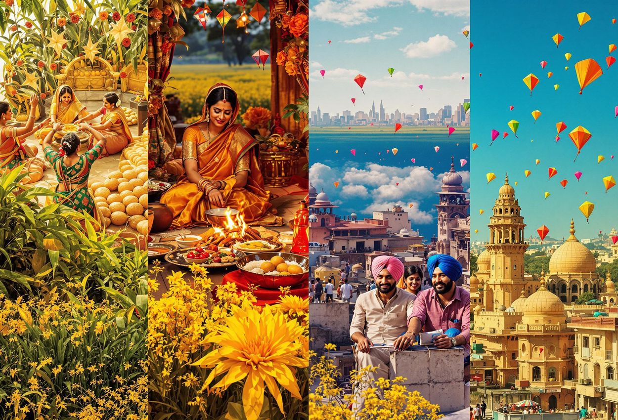 A collage depicting the diverse celebrations of Makar Sankranti across India, showcasing the unique traditions, attire, and cultural practices of Tamil Nadu, Assam, Punjab, and Gujarat.