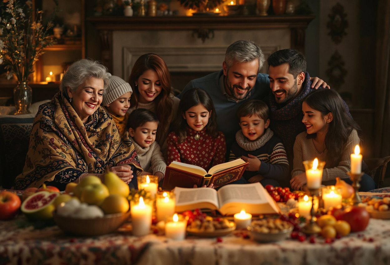 Iranian Family Celebrates Shab-e Yalda in Tehran A heartwarming photograph capturing an Iranian family gathered around a Korsi, celebrating the ancient festival of Shab-e Yalda with traditional foods, poetry, and candlelight.