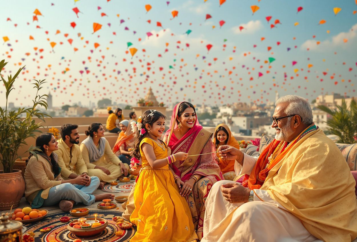 A heartwarming image capturing families and friends celebrating Makar Sankranti in Jaipur, Rajasthan, sharing sweets and laughter.