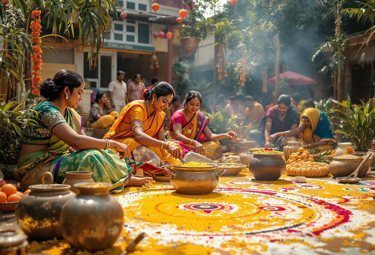 A captivating photograph capturing the joyous Pongal celebrations within a Tamil diaspora community, showcasing cultural performances, traditional feasts, and community unity.