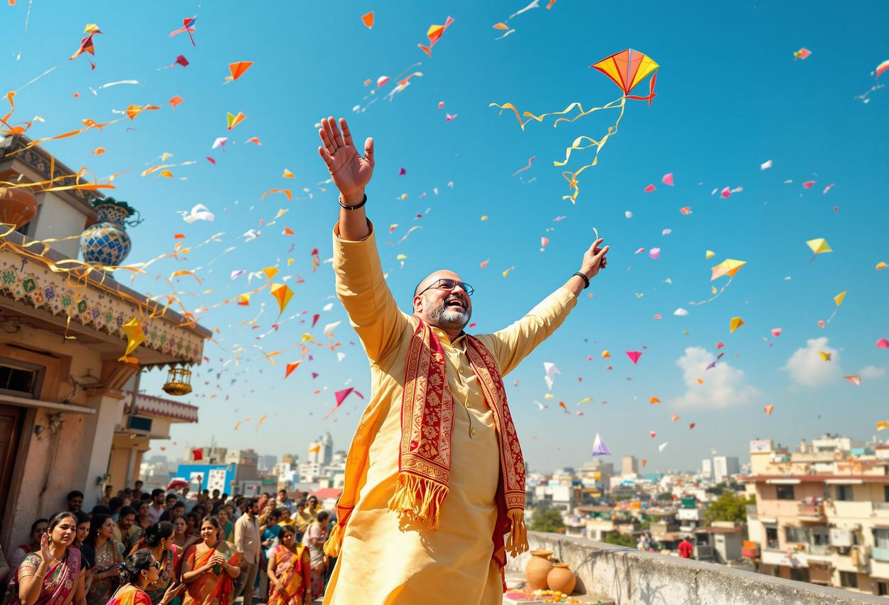 A candid photograph of Union Home Minister Amit Shah celebrating Makar Sankranti with residents in Ahmedabad, Gujarat, on January 14, 2025. The image captures the festive atmosphere and cultural traditions of the kite-flying festival.