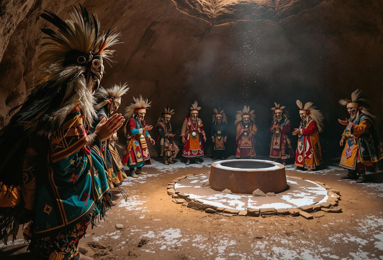 Hopi Soyal Ceremony: A Sacred Winter Ritual A photograph capturing the solemn Hopi Soyal ceremony on December 21, 2024. Hopi elders in traditional Kachina masks perform dances and prayers inside a dimly lit kiva, representing a deep connection to their ancestral traditions.