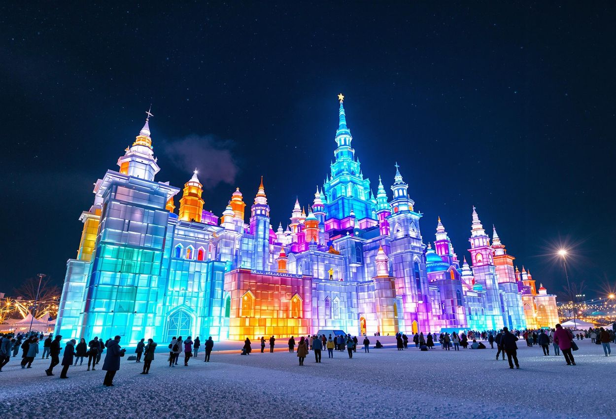 St. Paul Winter Carnival Ice Palace at Night A wide shot captures the dazzling St. Paul Winter Carnival ice palace illuminated with colored lights, surrounded by people enjoying the winter spectacle on a snowy night.