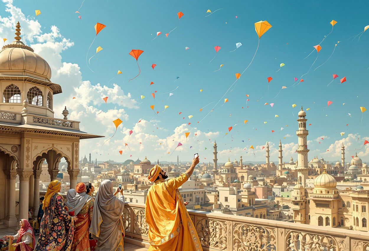 A vibrant image capturing the historical tradition of kite flying during the Mughal era in Lahore, showcasing the cultural significance of Makar Sankranti with colorful kites and intricate Mughal architecture.