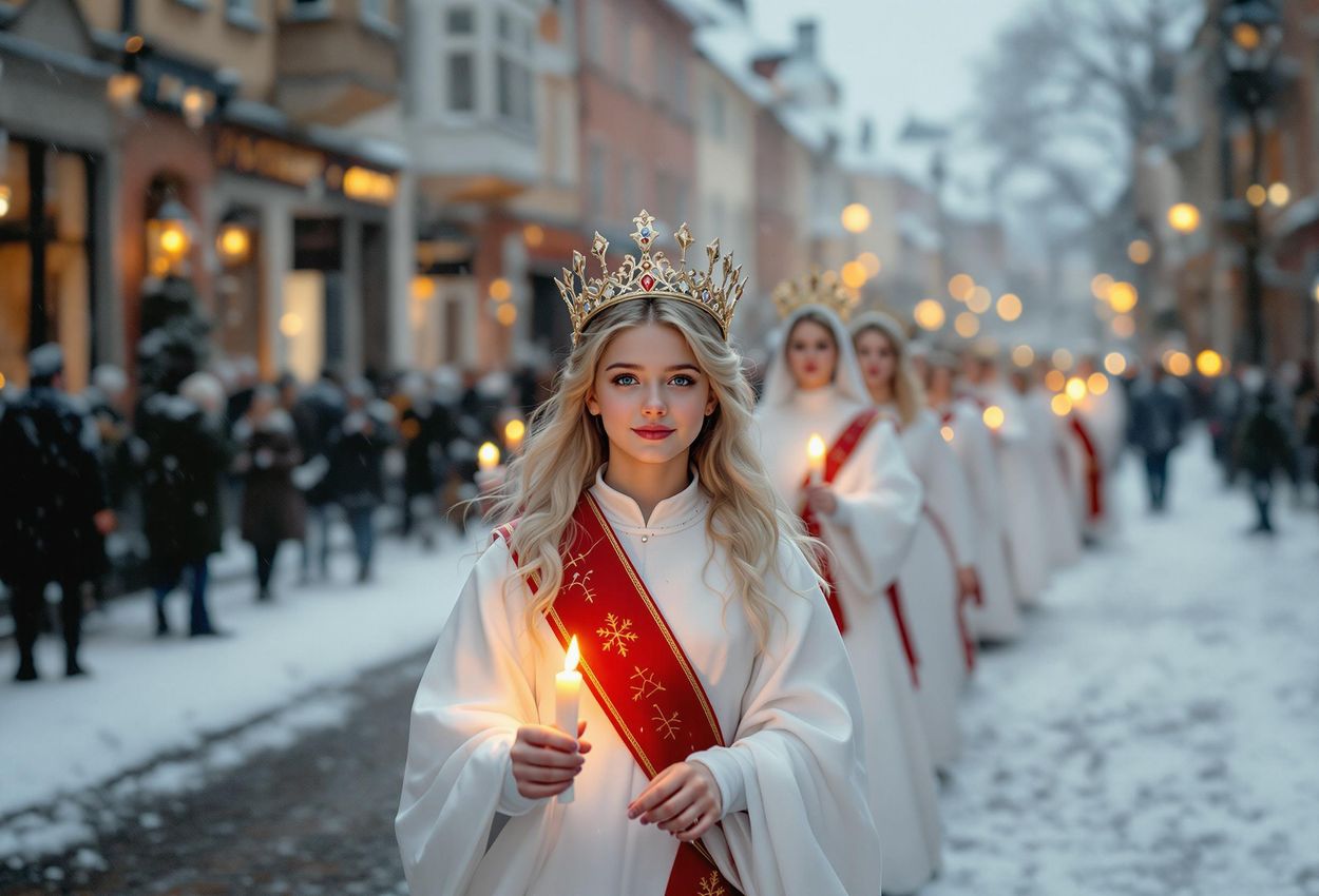 Lucia Day Procession in Stockholm A photograph capturing the serene beauty of a Lucia Day procession in Stockholm, Sweden. A young girl leads a line of women through a snow-covered street, their candlelit gowns creating a magical and peaceful scene.