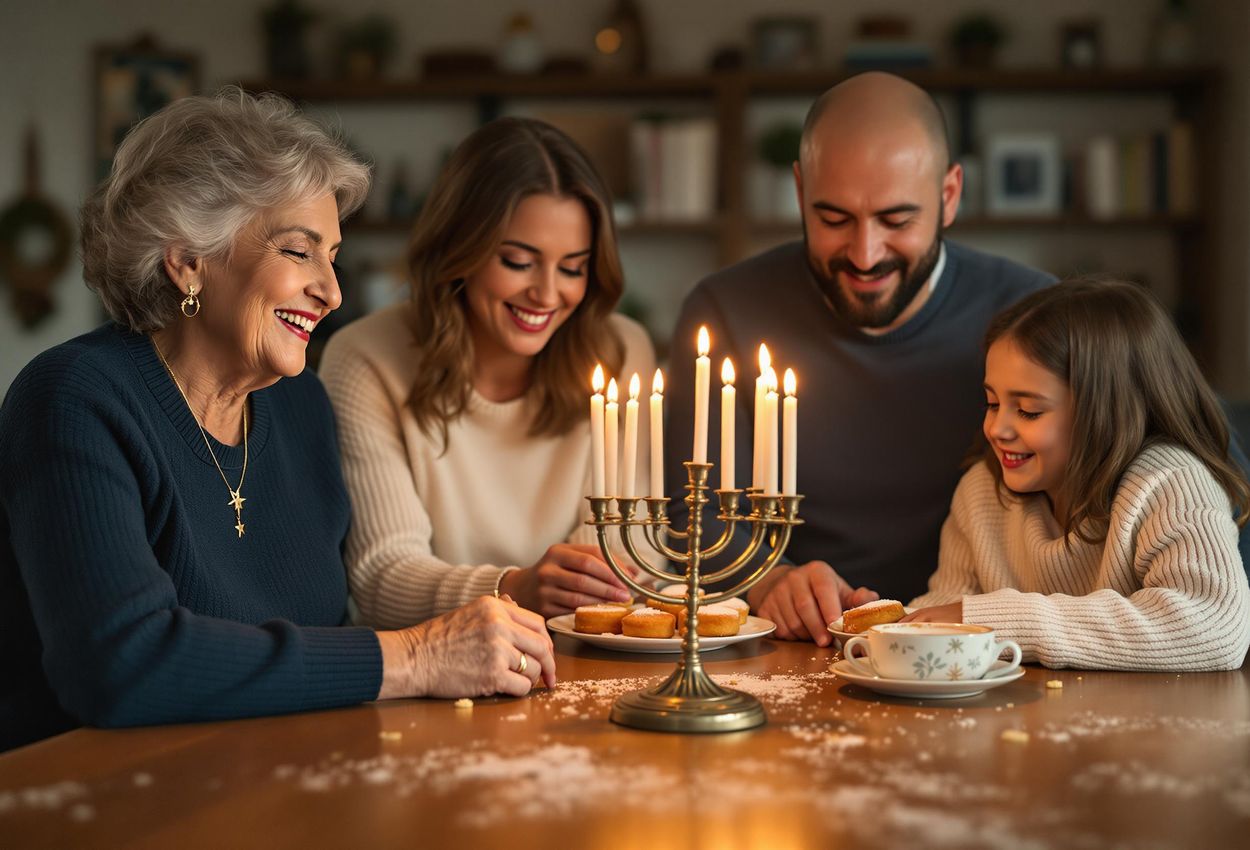 Jewish Family Celebrating Hanukkah at Home A photograph capturing a Jewish family gathered around a menorah, lighting candles and sharing traditional foods during Hanukkah.