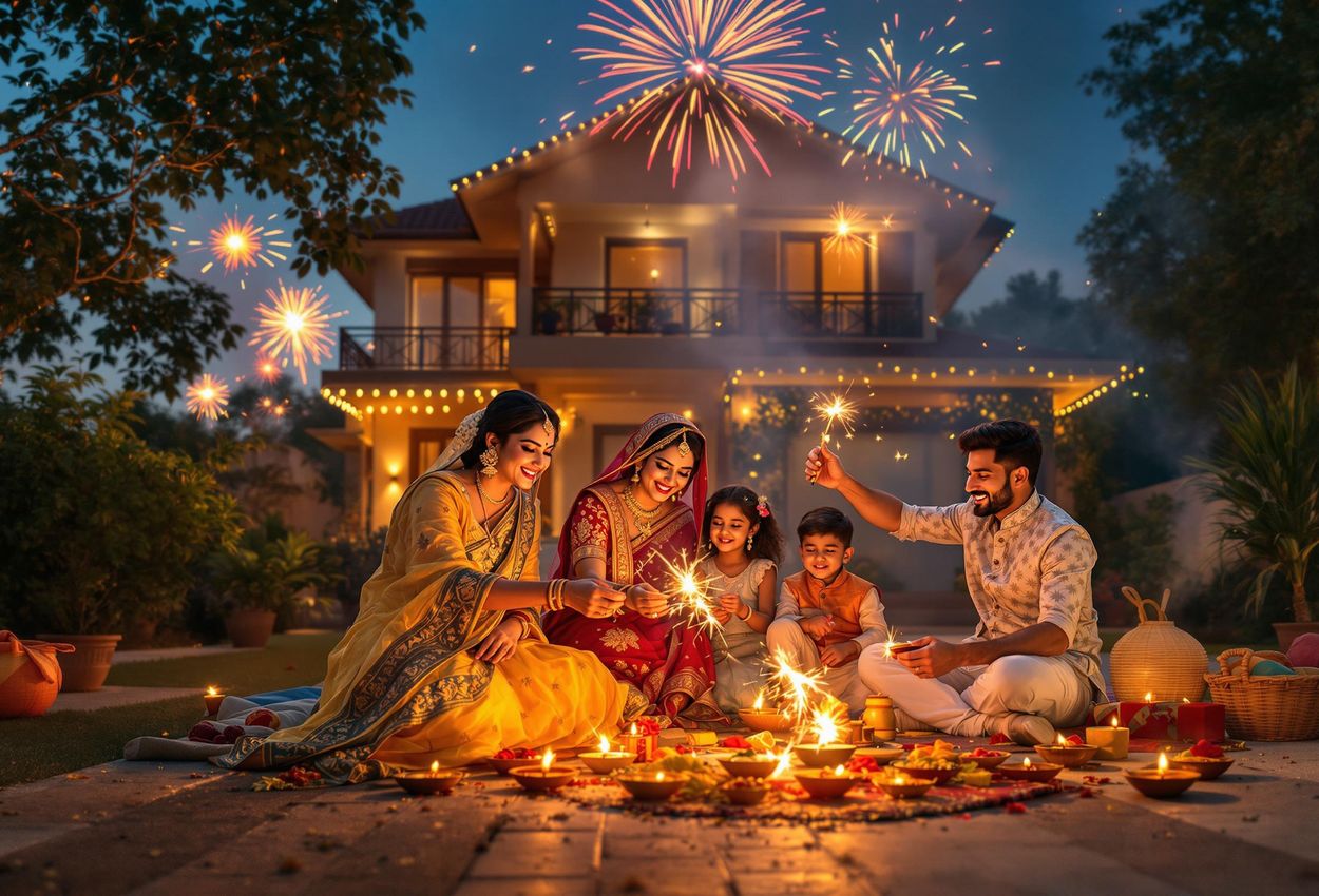 Hindu Family Celebrates Diwali with Fireworks in Delhi, India A captivating photograph of a Hindu family joyfully celebrating Diwali in Delhi, India, lighting fireworks and exchanging gifts amidst the warm glow of traditional lights and lanterns.
