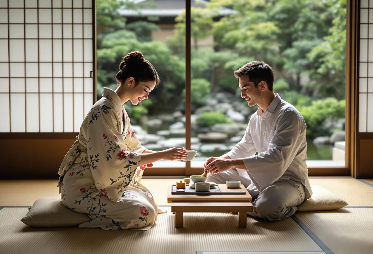 A photograph capturing a quiet moment inside a traditional Ryokan in Tokyo. A gracious host serves tea to a guest, showcasing Japanese hospitality and the beauty of local accommodations.