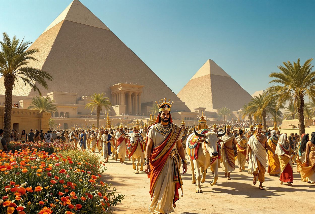 A photograph capturing the vibrant Akitu festival in ancient Babylon, showcasing a grand procession with statues of deities and the king