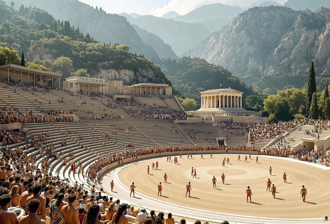 A captivating photograph of the Pythian Games at Delphi, showcasing the ancient stadium, athletes, and spectators in their historical context.