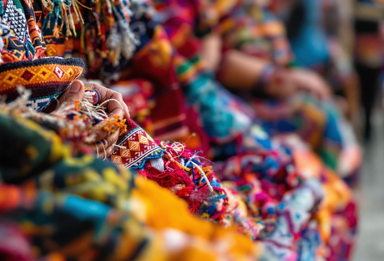 A close-up photograph showcases the vibrant and detailed textiles sold by indigenous artisans during the Inti Raymi festival in Cusco, Peru. The image highlights the rich textures and traditional patterns of alpaca wool and cotton.