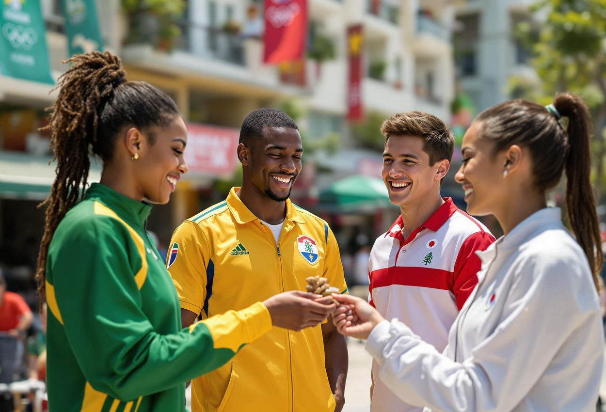 A photograph captures a candid moment in the Olympic Village, showcasing athletes from Jamaica, Australia, Georgia, and Japan laughing and exchanging gifts under the bright midday sun.