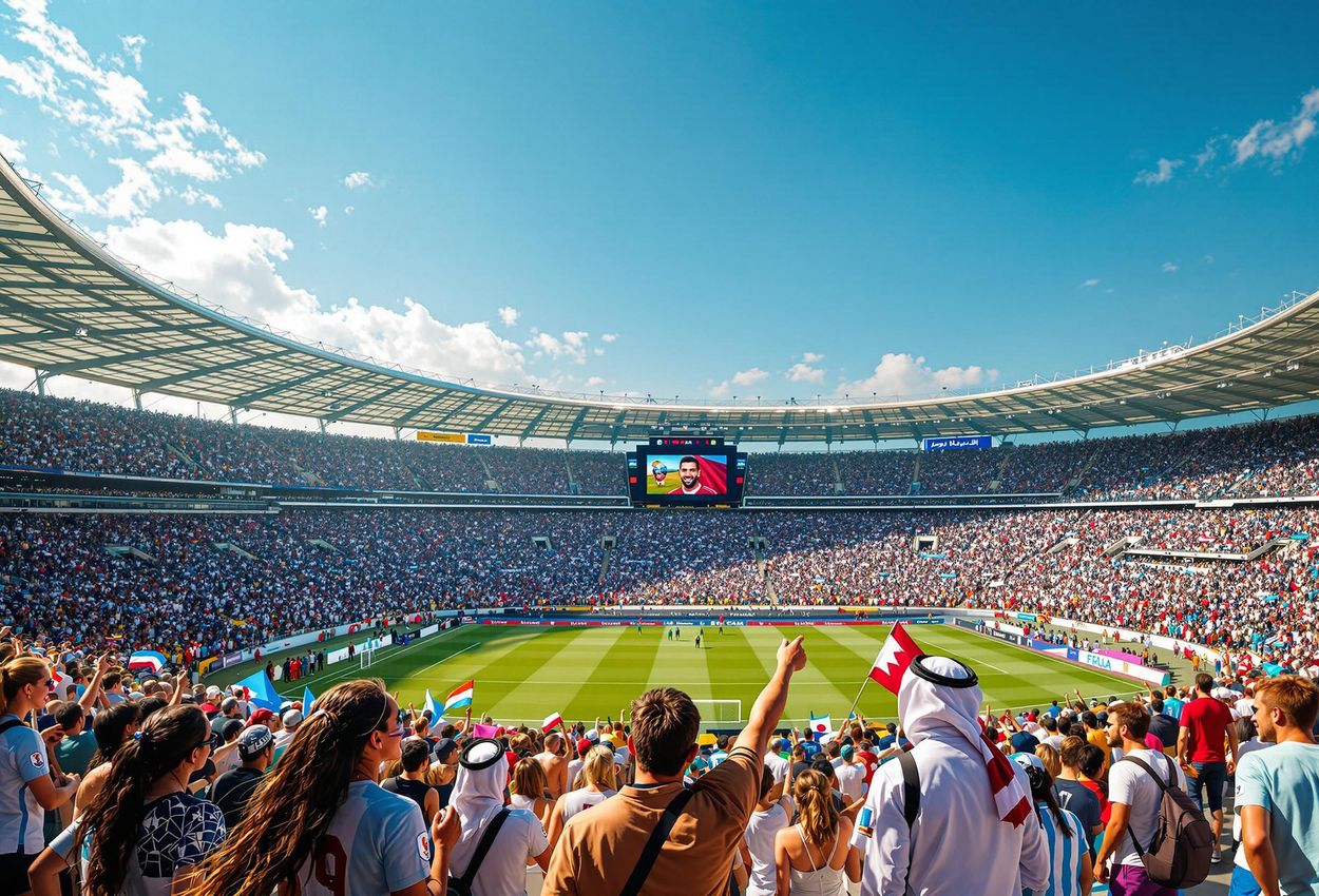 A wide shot captures the vibrant atmosphere of the FIFA World Cup stadium in Qatar, filled with cheering fans from around the world.