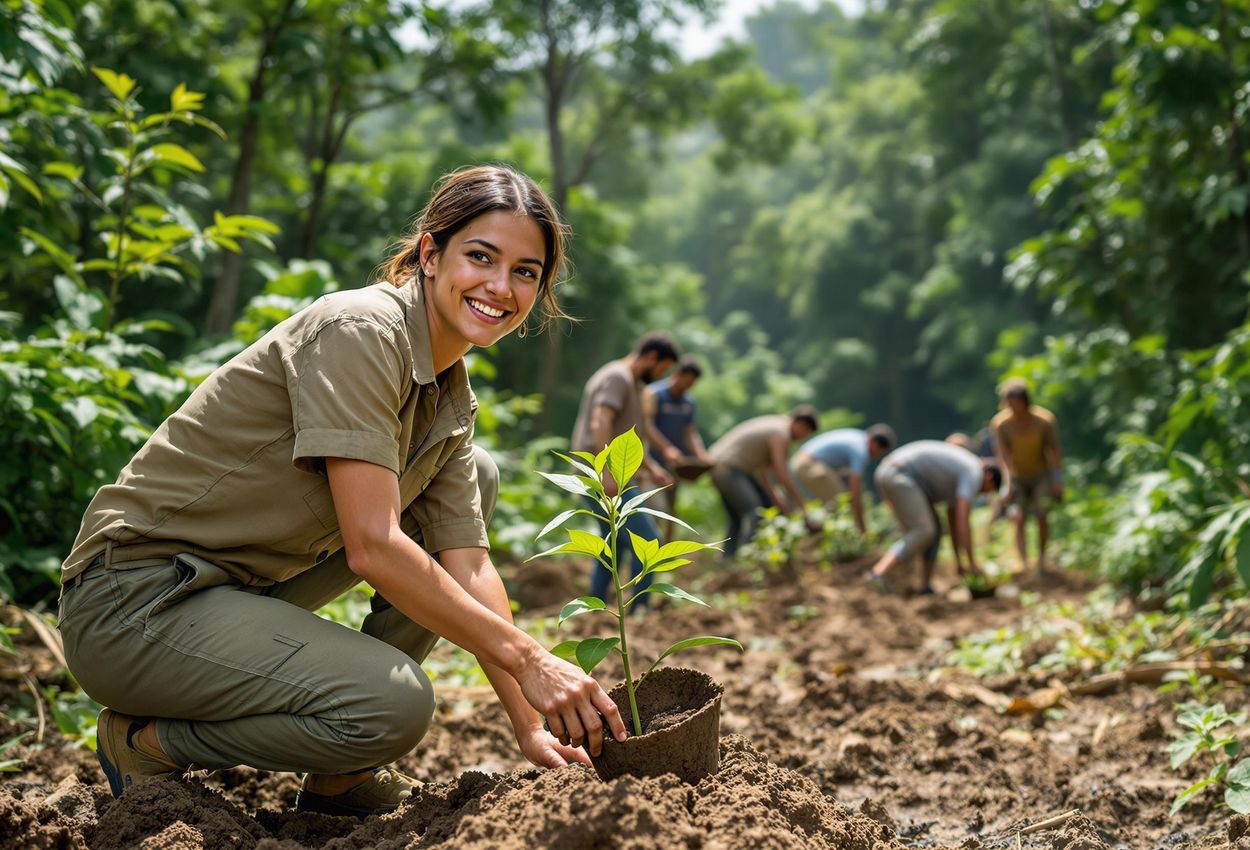 A photograph capturing volunteers and local community members working together to conserve wildlife in the Amazon rainforest, planting trees and clearing debris.