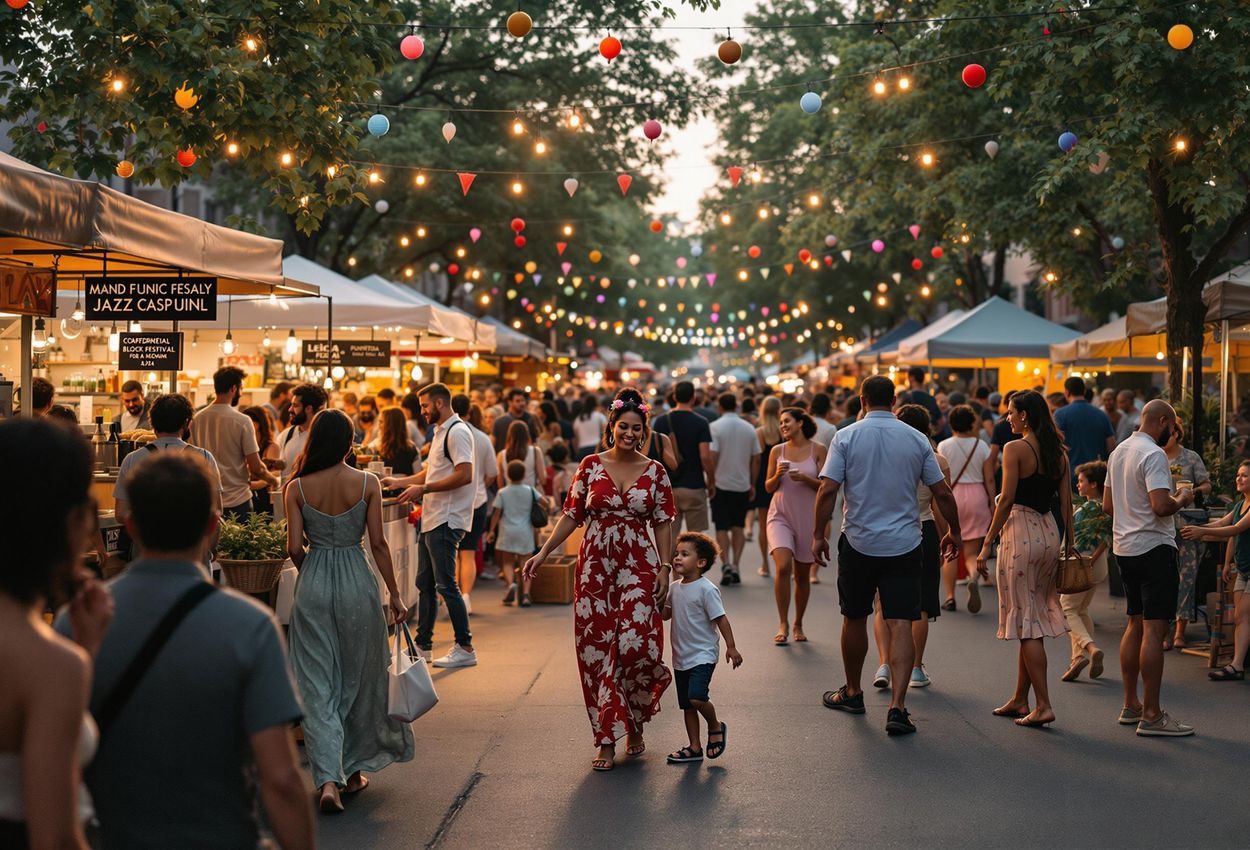 A vibrant street scene capturing the energy and community spirit of a neighborhood block party during the Montreal Jazz Festival.