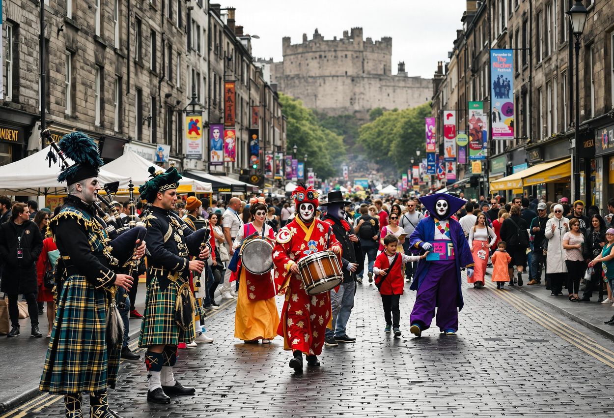 A vibrant photo capturing the energy of the Edinburgh Festival Fringe, featuring street performers and a bustling crowd on the historic Royal Mile.