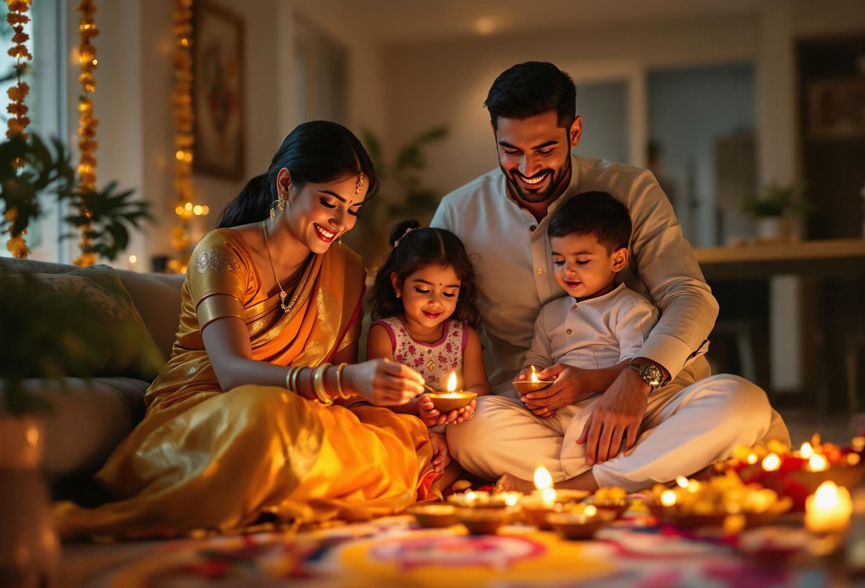 A heartwarming photograph captures a family joyously celebrating Diwali in their American home, dressed in traditional Indian attire and surrounded by the warm glow of diyas.