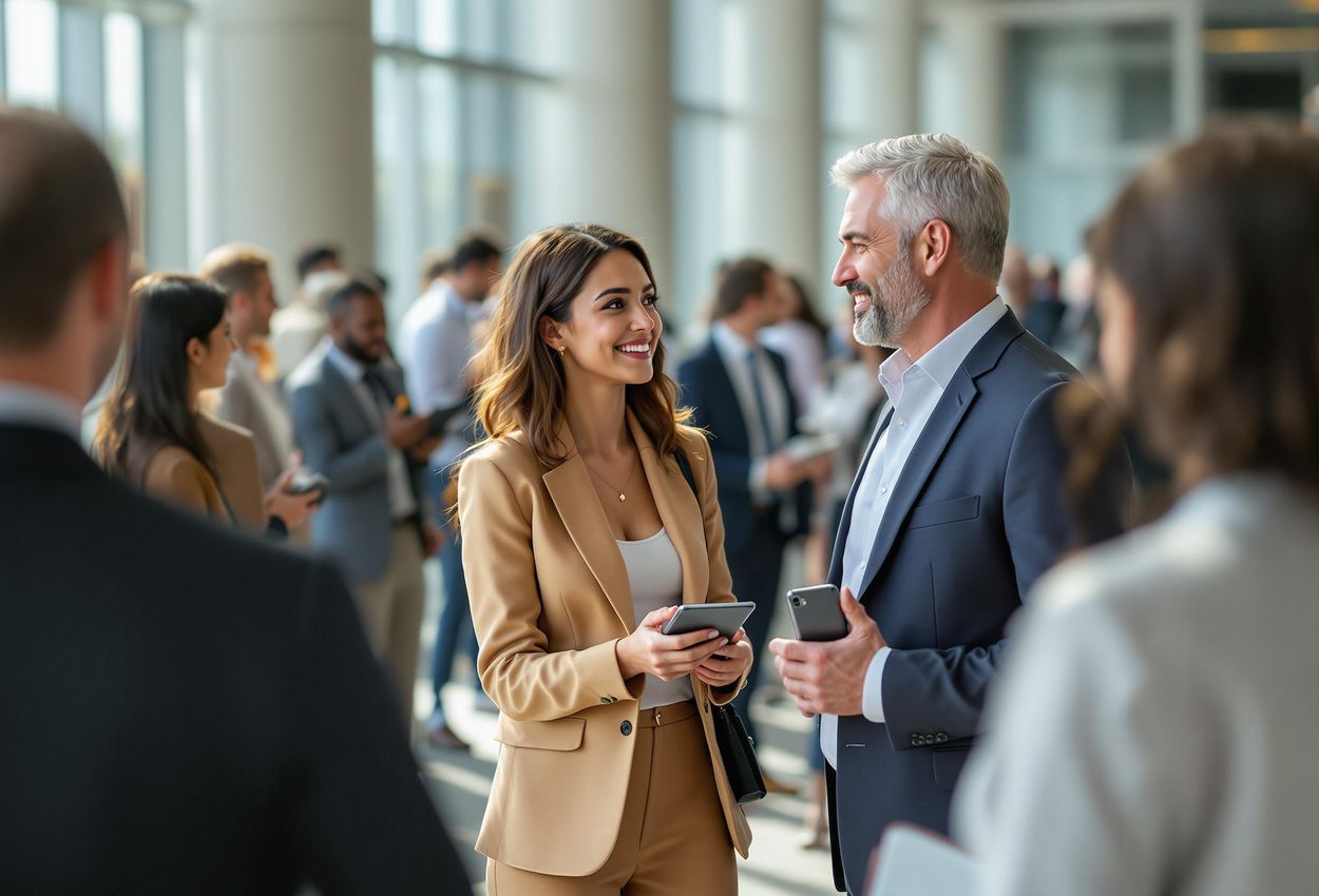 A photograph captures a group of diverse professionals engaged in conversation at an international conference, conveying a sense of collaboration and cross-cultural understanding.