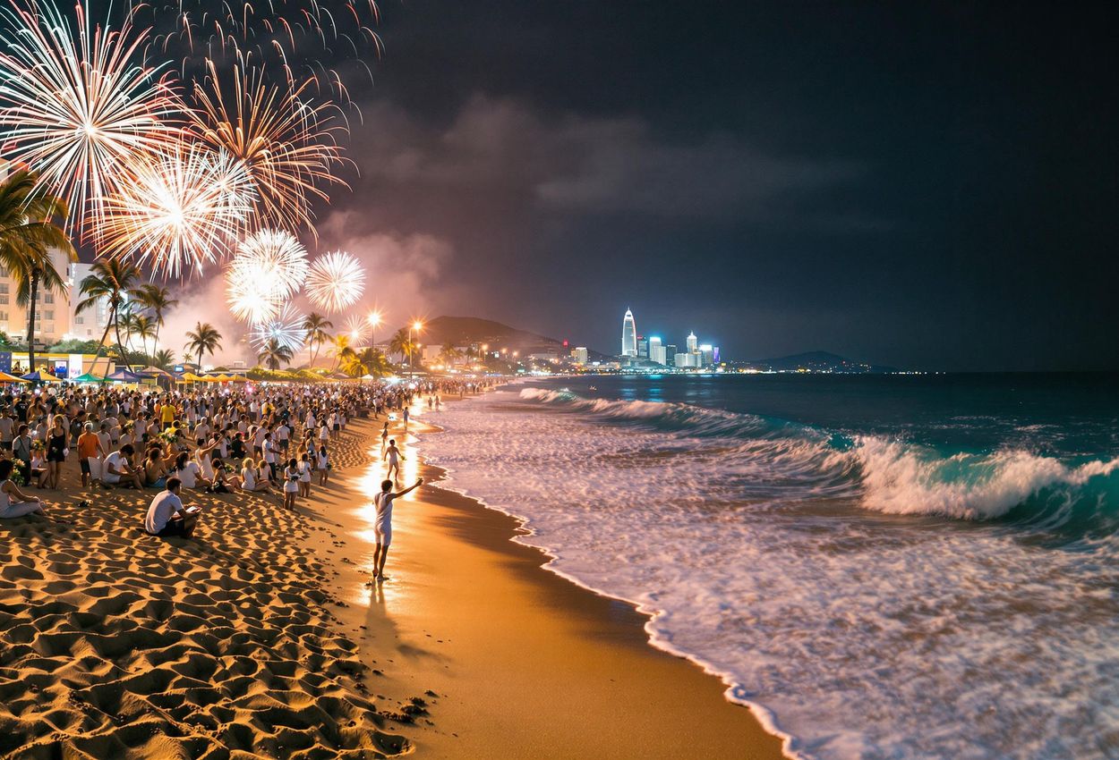A panoramic photograph capturing the vibrant Reveillon celebrations on Copacabana Beach, Brazil, with millions of people dressed in white, fireworks illuminating the sky, and traditional rituals taking place.