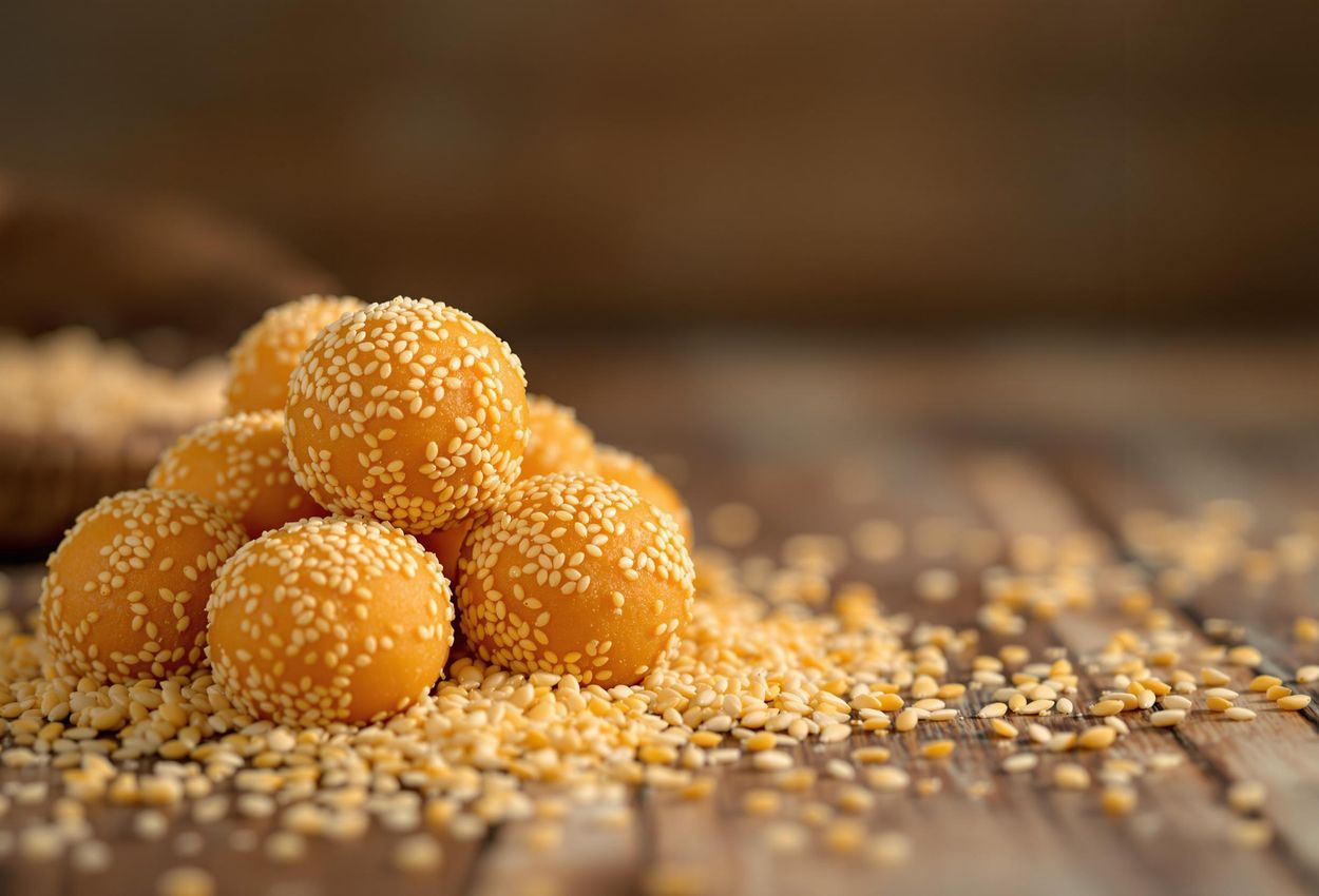 A close-up photograph of golden-brown Til Ladoos arranged on a rustic wooden surface, capturing the essence of Makar Sankranti and the sweetness of this traditional treat.
