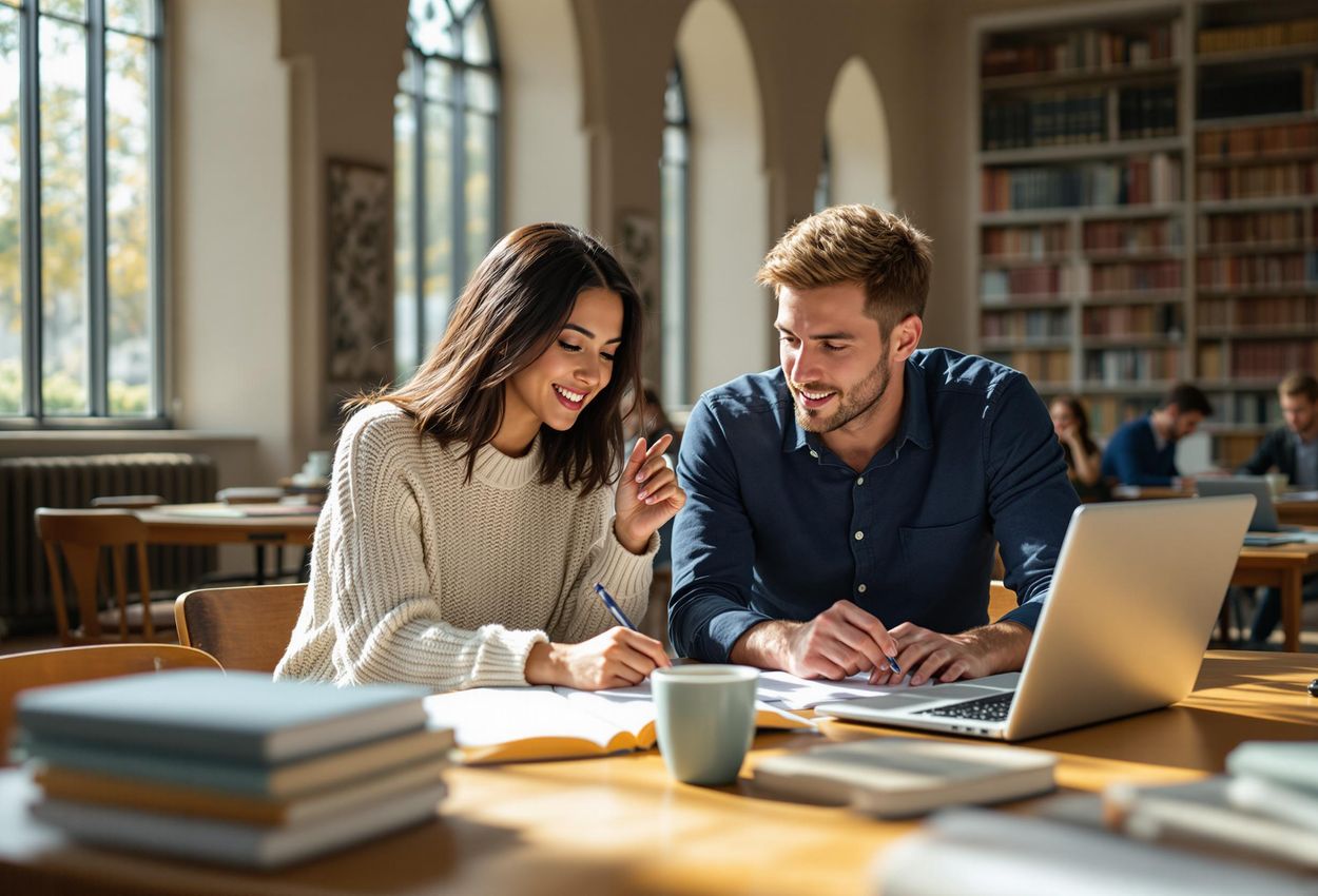 A photograph captures two students from different cultural backgrounds collaborating on a study session in a sunlit university library, surrounded by books and bathed in natural light.
