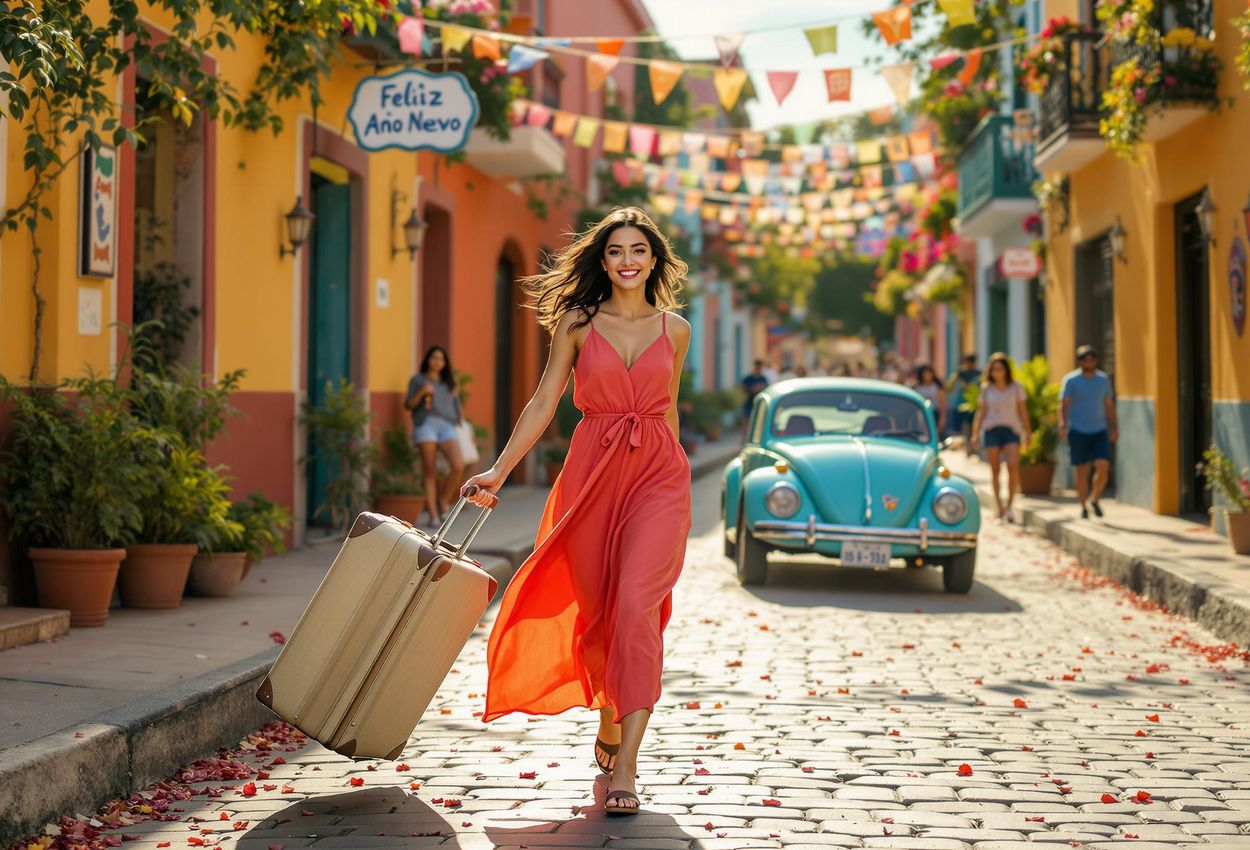 A photograph depicting a woman joyfully participating in a Mexican New Year
