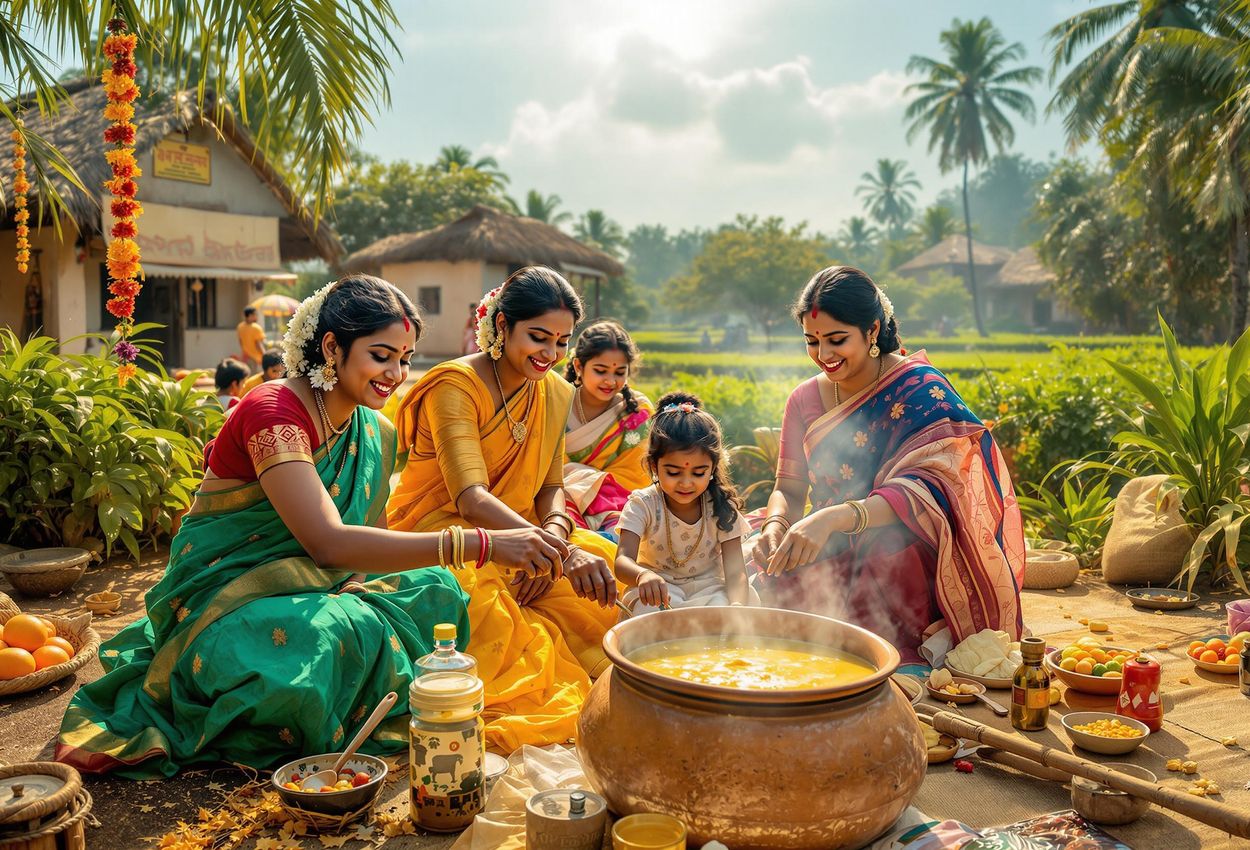 A captivating photograph of a traditional Pongal celebration near Chennai, showcasing the communal cooking of Pongal, vibrant attire, and festive decorations.