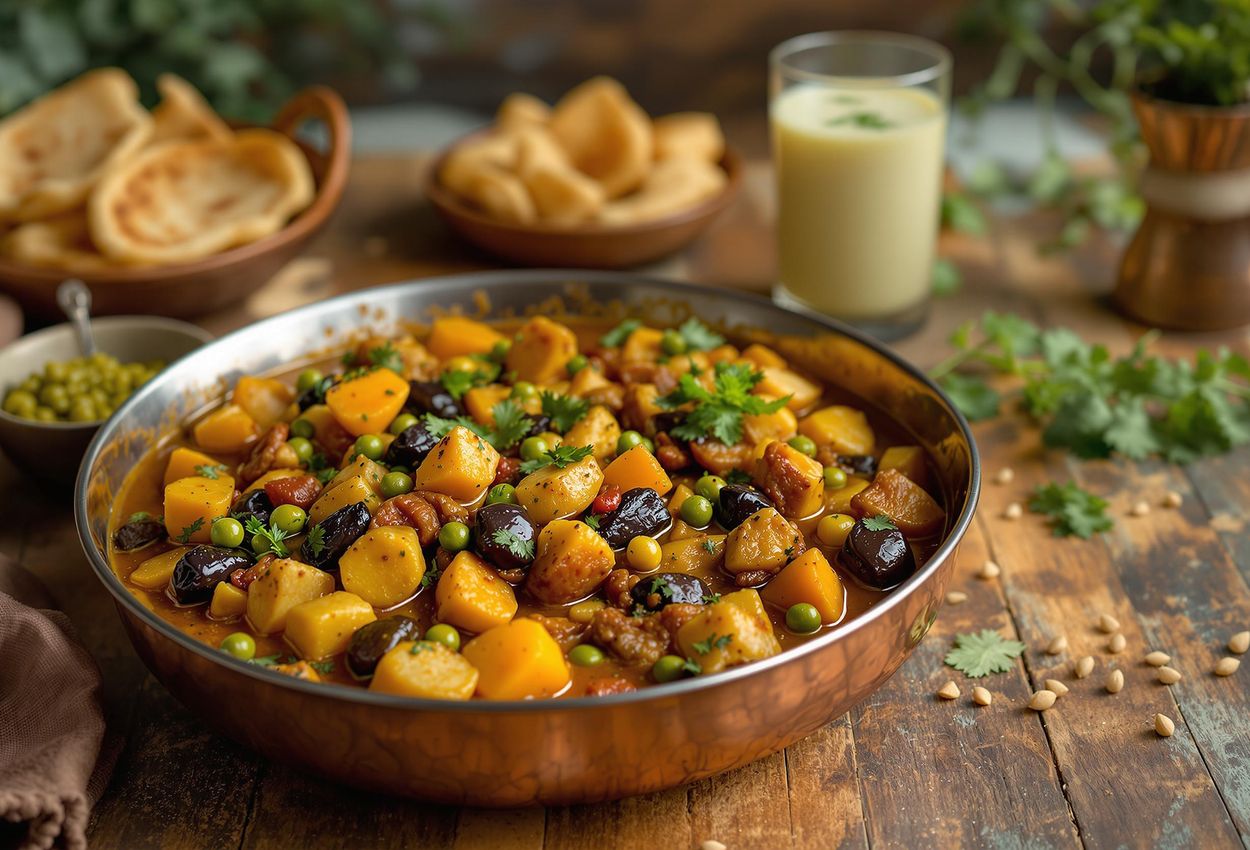 A close-up photograph of Undhiyu served in a traditional Gujarati thali with puris, pickle, and buttermilk, showcasing the rich flavors and textures of Gujarati cuisine.