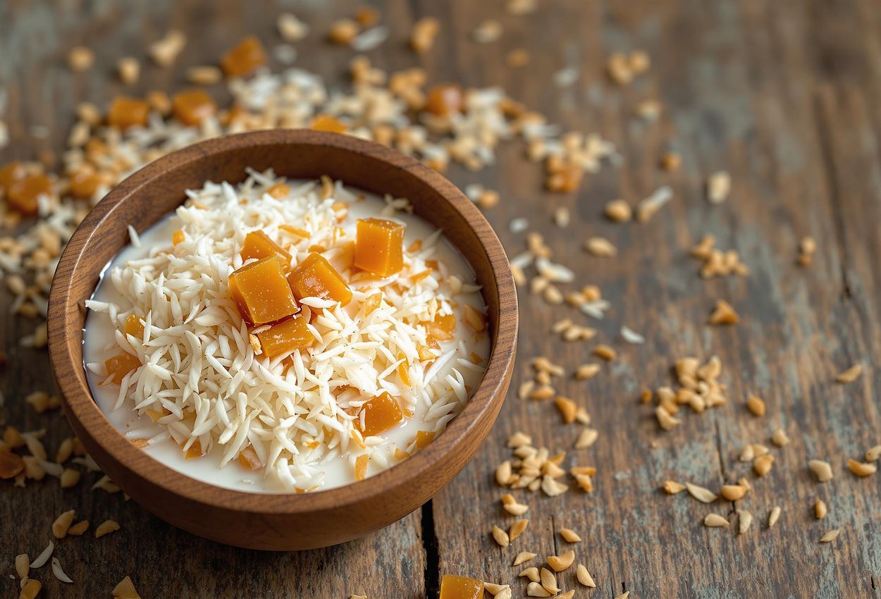 A close-up photograph of Makara Chaula served in a traditional Odia bowl, showcasing the mixture of uncooked rice, grated coconut, jaggery, and milk on a wooden surface.