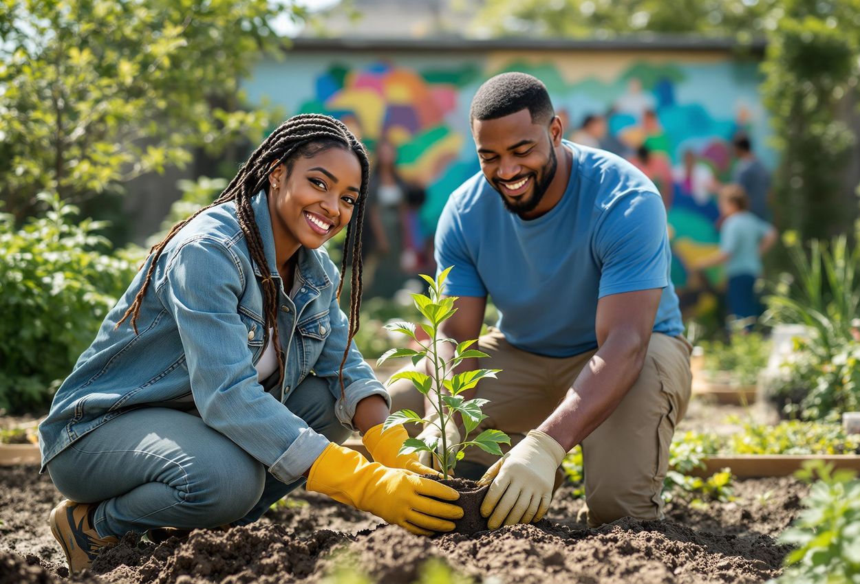 A photograph showing a diverse group of volunteers working together on a community service project, planting trees and painting a mural on a sunny day.