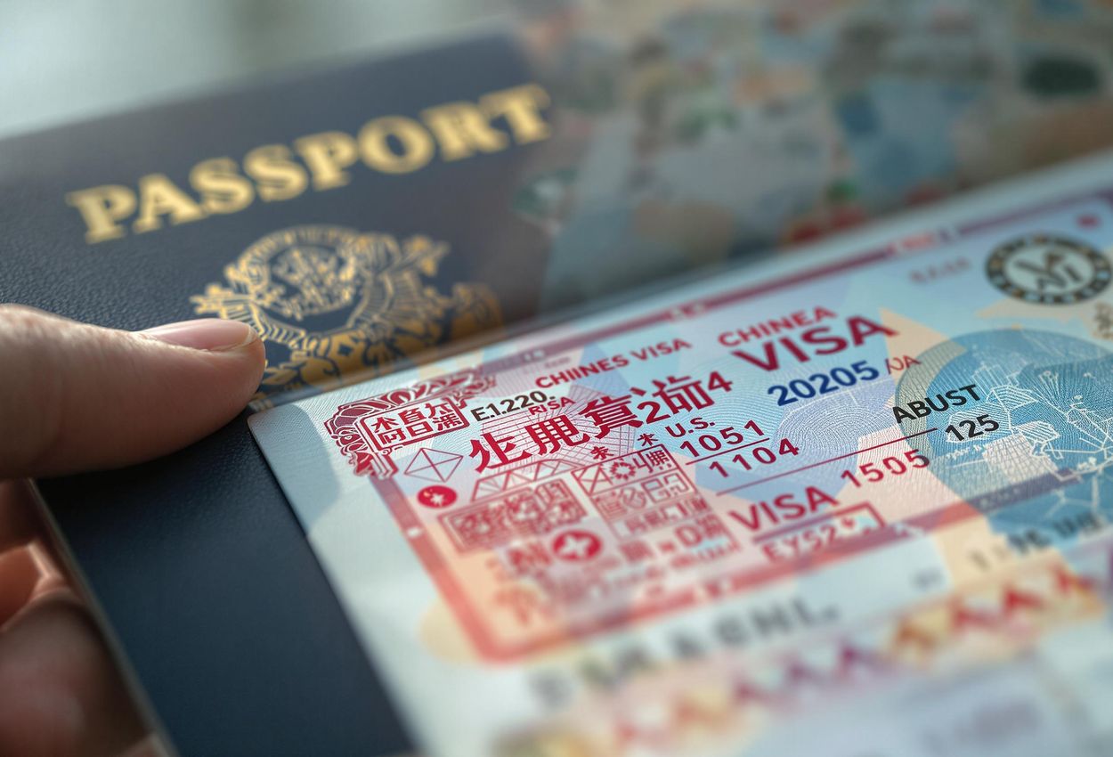 A detailed photograph of a U.S. passport open to a page displaying a Chinese visa stamp, held by a traveler
