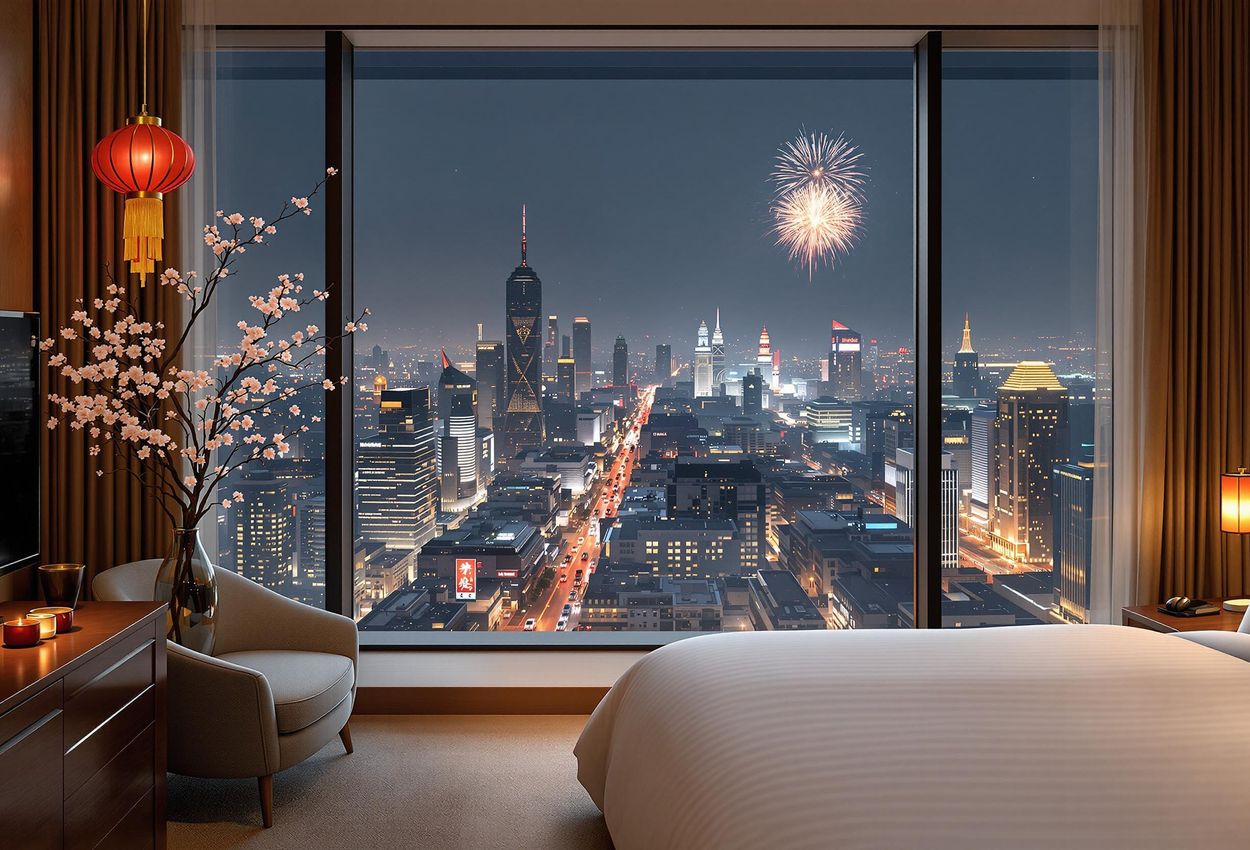 A high-angle photograph of a serene hotel room during Lunar New Year, with a panoramic view of a vibrant city skyline and faint fireworks in the night sky.