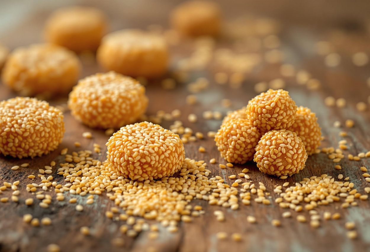 A detailed close-up photo of Tilkut, a traditional sesame and jaggery sweet, arranged on a rustic wooden surface. Captures the essence of Makar Sankranti with warm lighting and shallow depth of field.