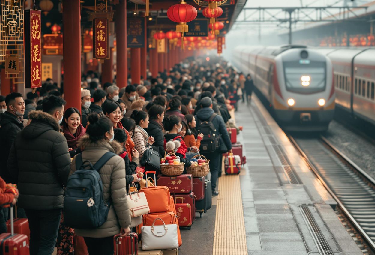 A vibrant photograph capturing the energy and anticipation of travelers at a train station during Lunar New Year. The image showcases the rich cultural traditions and the excitement of reunions.