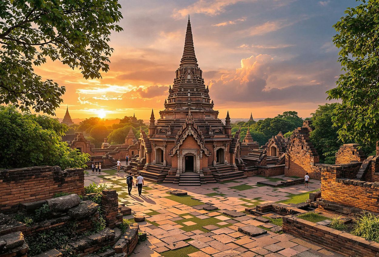 A photograph of the ancient temple ruins of Wat Yai Chaimongkol in Ayutthaya, Thailand, bathed in the warm, golden light of the setting sun. Lush greenery surrounds the weathered brick structures, creating a tranquil and historical atmosphere.